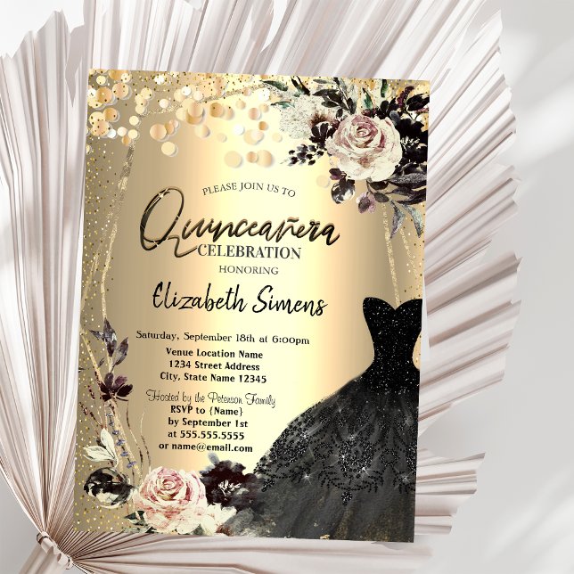 Invitación Dosis De Confetti De Oro, Rosas, Vestido Negro De  (Subido por el creador)