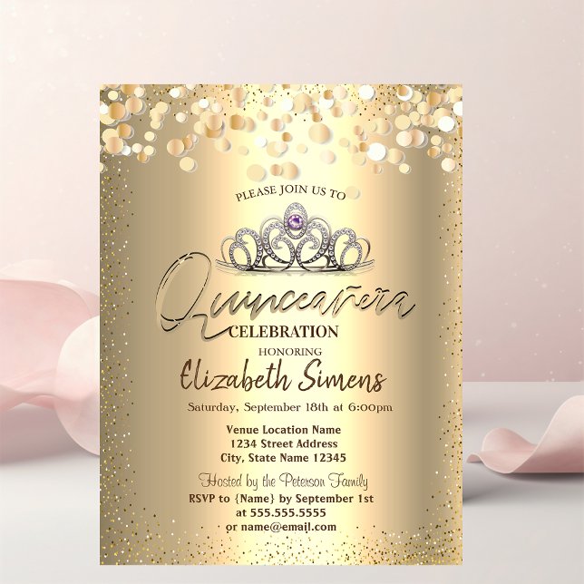 Invitación Dosis de Confetti de oro, Tiara Quinceañera (Subido por el creador)