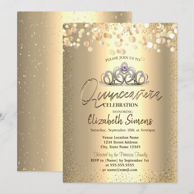 Invitación Dosis de Confetti de oro, Tiara Quinceañera (Anverso / Reverso)
