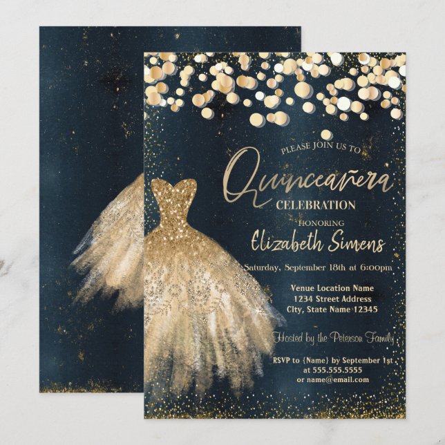Invitación Dosis De Confetti De Oro, Vestido Azul Oscuro Quin (Anverso / Reverso)