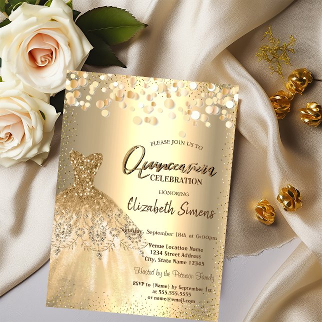 Invitación Dosis De Confetti De Oro, Vestido De Moda Quinceañ (Subido por el creador)