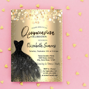 Invitación Dosis De Confetti De Oro, Vestido Negro Quinceañer