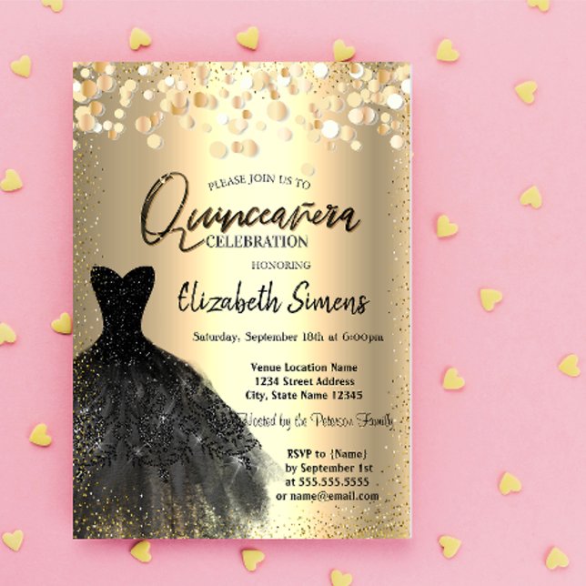 Invitación Dosis De Confetti De Oro, Vestido Negro Quinceañer (Subido por el creador)