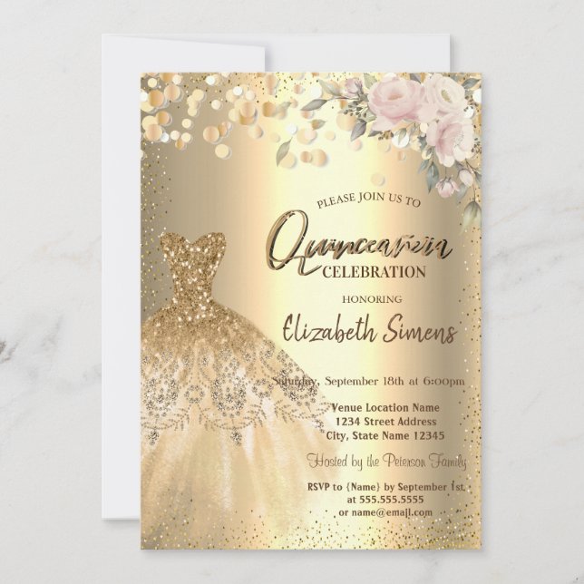 Invitación Dosis De Confetti De Oro, Vestido, Rosas Quinceañe (Anverso)