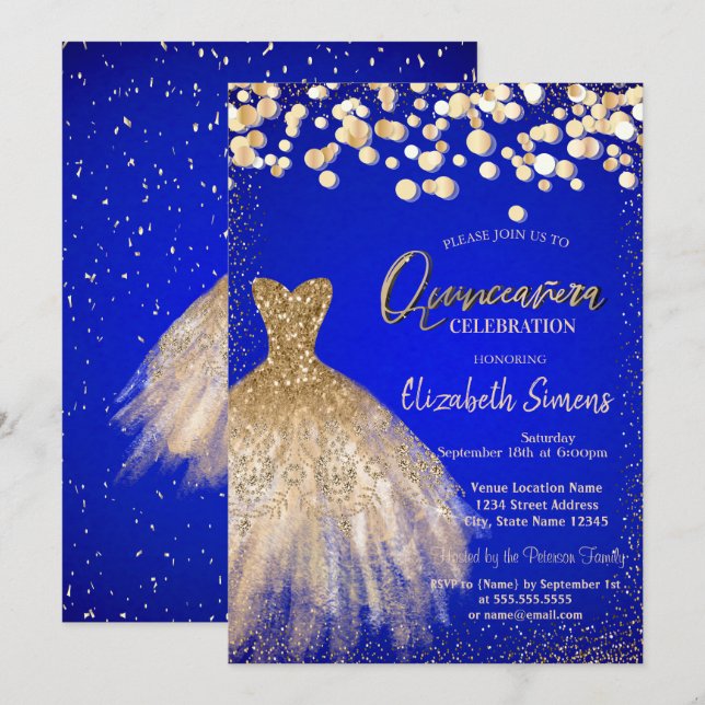Invitación Dosis de Confetti, Vestido de Moda Azul Real Quinc (Anverso / Reverso)