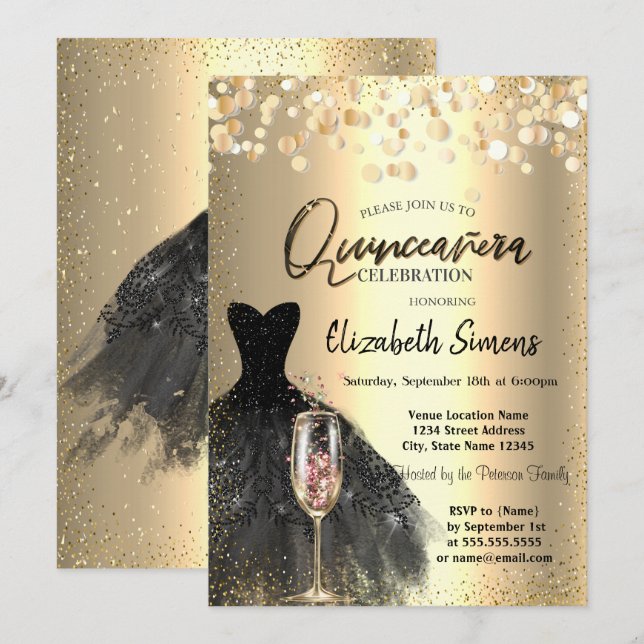 Invitación Dosis de Confetti, Vidrio de Vino Negro Quinceañer (Anverso / Reverso)