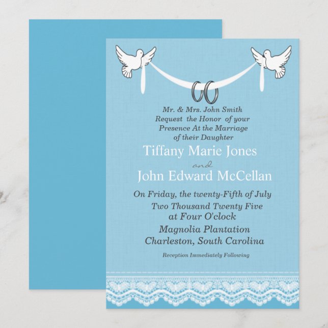 Invitación Dosis de encaje blanco azul con Boda de anillos (Anverso / Reverso)