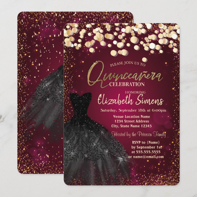 Invitación Dosis de oro, burdeos de vestir negro Quinceañera (Anverso / Reverso)