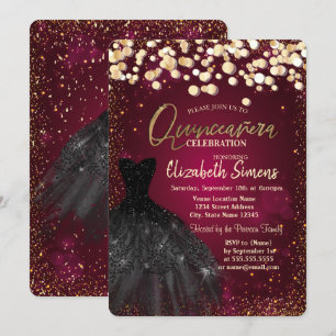 Invitación Dosis de oro, burdeos de vestir negro Quinceañera