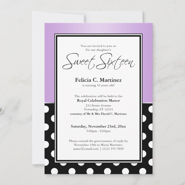 Invitación Dot morado de polka negro real Dieciséis (Anverso)