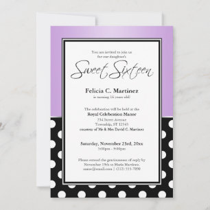 Invitación Dot morado de polka negro real Dieciséis