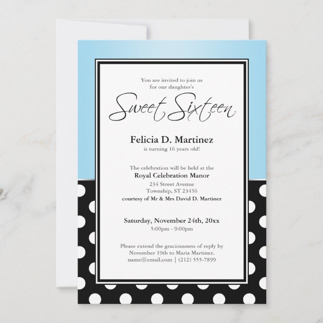 Invitación Dot real de polka negro dulce azul dieciséis (Anverso)