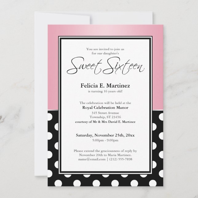 Invitación Dot real de polka negro rosado dulce dieciséis (Anverso)