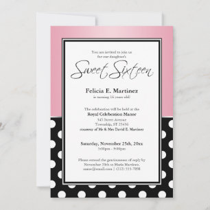 Invitación Dot real de polka negro rosado dulce dieciséis