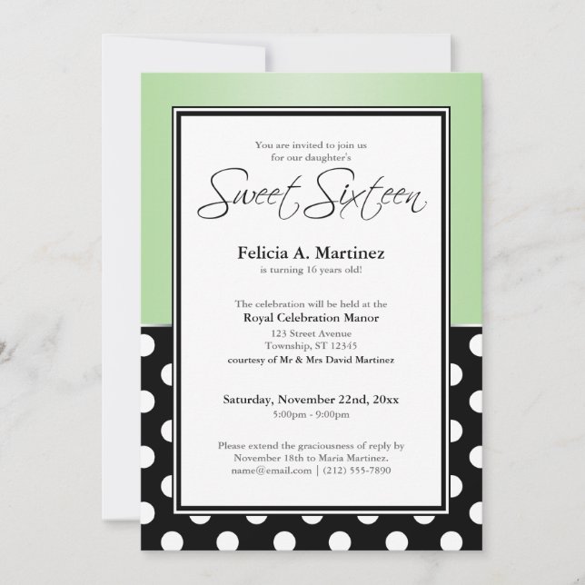 Invitación Dot verde polaco negro real dulce dieciséis (Anverso)