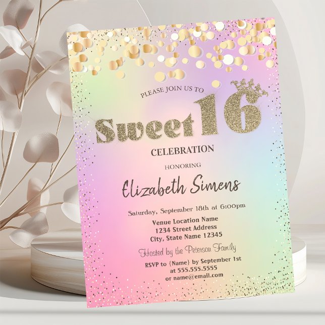 Invitación Dots de oro Confetti Princesa Holografía dulce 16 (Subido por el creador)