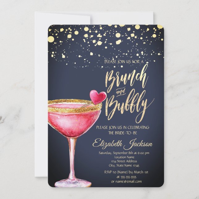 Invitación Dots dorados Martini Glass Heart Bridal Shower (Anverso)