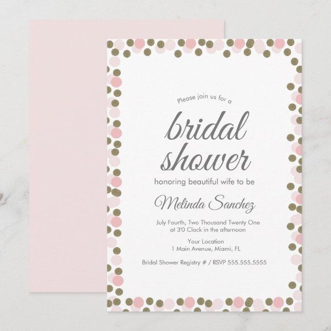 Invitación Dots rosados Confetti Gold Border Shower (Anverso / Reverso)