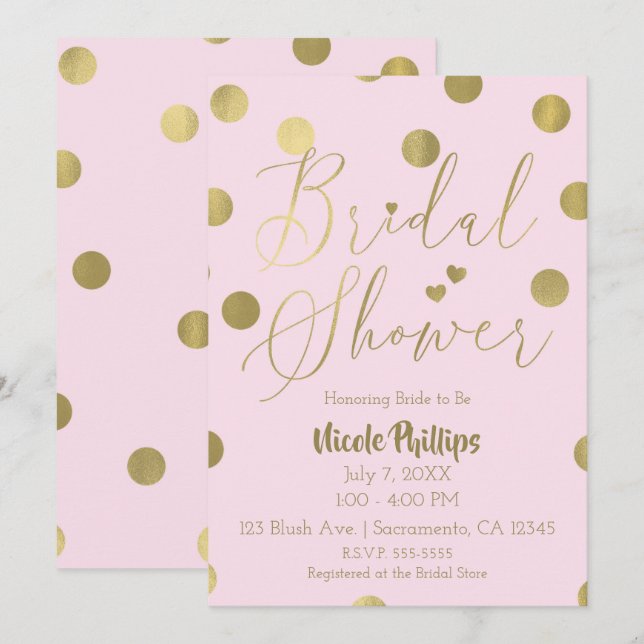 Invitación Dots rosados y dorados Ducha Glam Bridal Moderno (Anverso / Reverso)