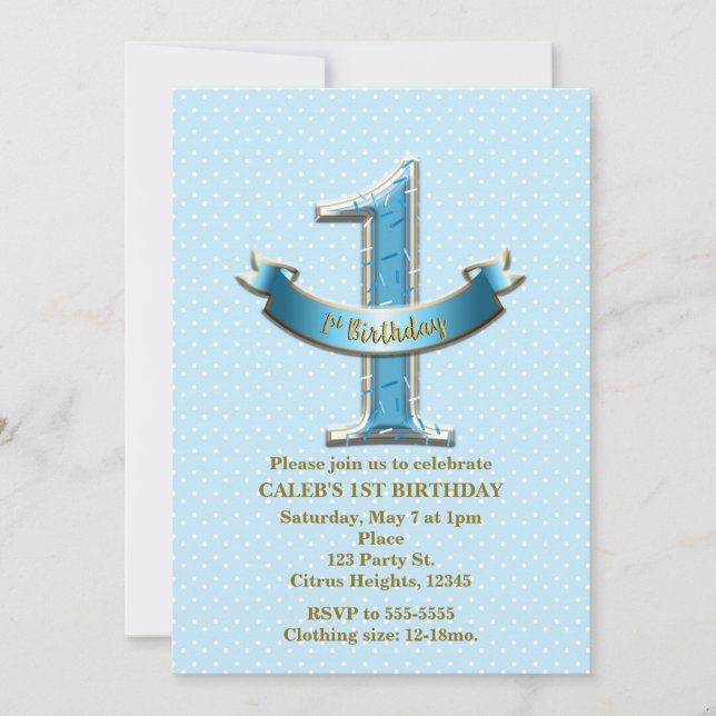 Invitación Dots y banner de la Polka Azul UNO Primera fiesta  (Anverso)