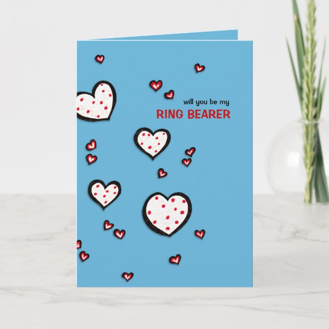 Invitación Dotty Hearts Turquoise Be My Ring Bearer Card (Anverso)