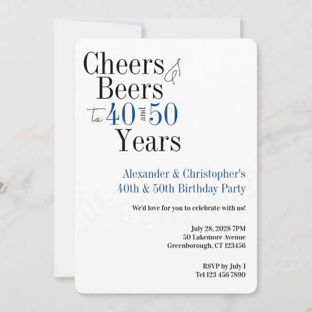 Invitación Double Birthday Party Celebration Cheers Beer Blue (Anverso)