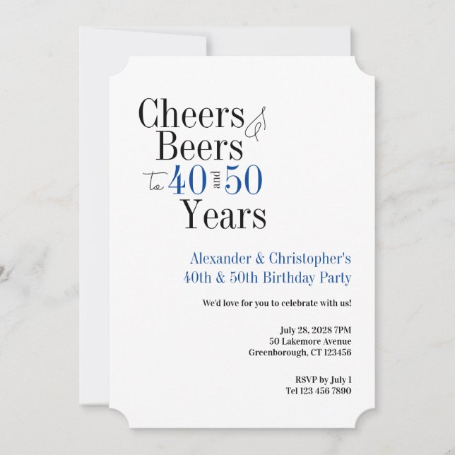 Invitación Double Celebration Cheers Beer Birthday Party Blue (Anverso)