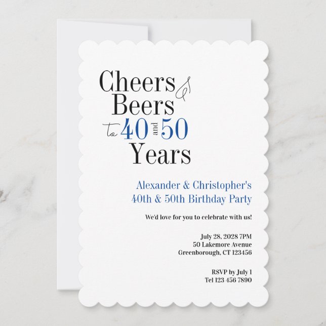 Invitación Double Celebration Cheers Beer Birthday Party Blue (Anverso)