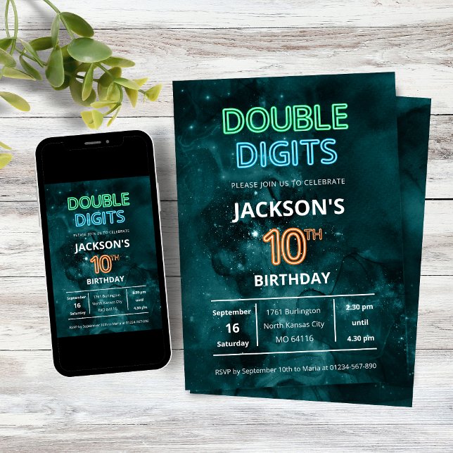 Invitación Double Digits Boys Neon Space 10th Birthday (Double Digits Neon Space Galaxy Boys 10th Birthday Party Invitation)