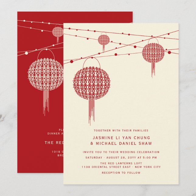 Invitación Double Happiness Red Lanterns Chic Chinese Wedding (Anverso / Reverso)