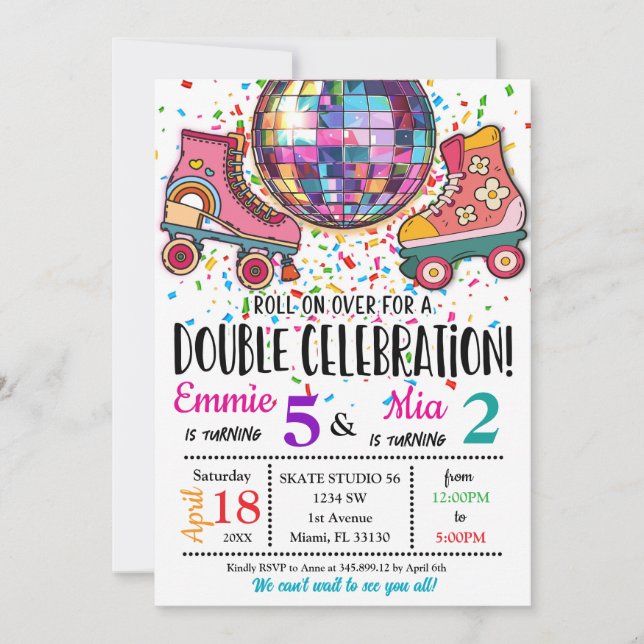 Invitación Double Sisters Bdays Celebration Roller Skating  (Anverso)