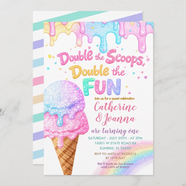 Invitación Double the Scoops Birthday ice Cream Glitter (Anverso / Reverso)
