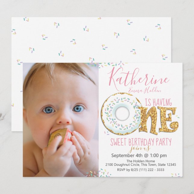 Invitación Doughnut Un dulce Fiesta del primer cumpleaños fot (Anverso / Reverso)
