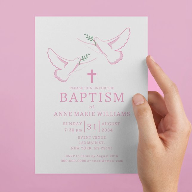 Invitación Dove Olive Branch Cross Pink Girl Baptism (Dove Olive Branch Cross Pink Girl Baptism Invitation
)