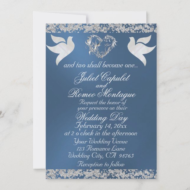 Invitación Dove, Silver Heart & Glitter, QR Code - Blue (Anverso)
