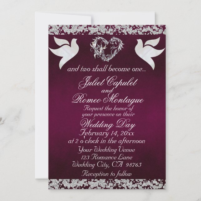 Invitación Dove, Silver Heart & Glitter, QR Code - Purple (Anverso)