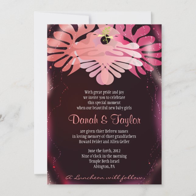 Invitación Doves gemelas: Bebé judío invitando al hebreo a ap (Anverso)