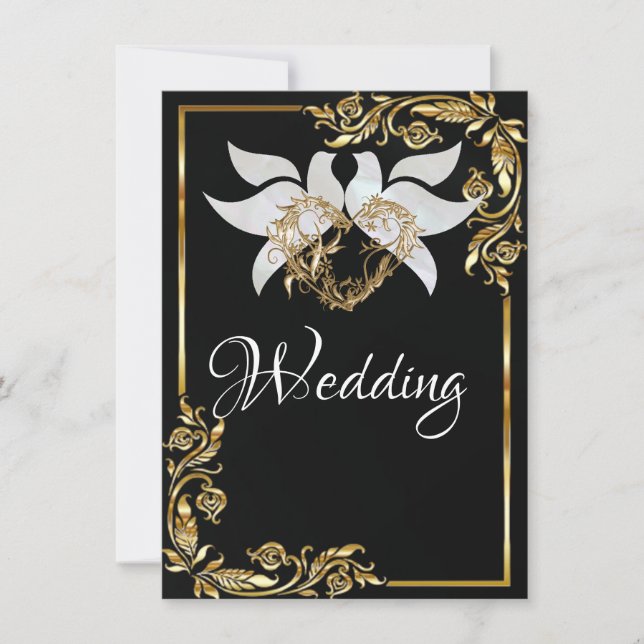 Invitación Doves, Heart & Gold Frame on Black (Anverso)