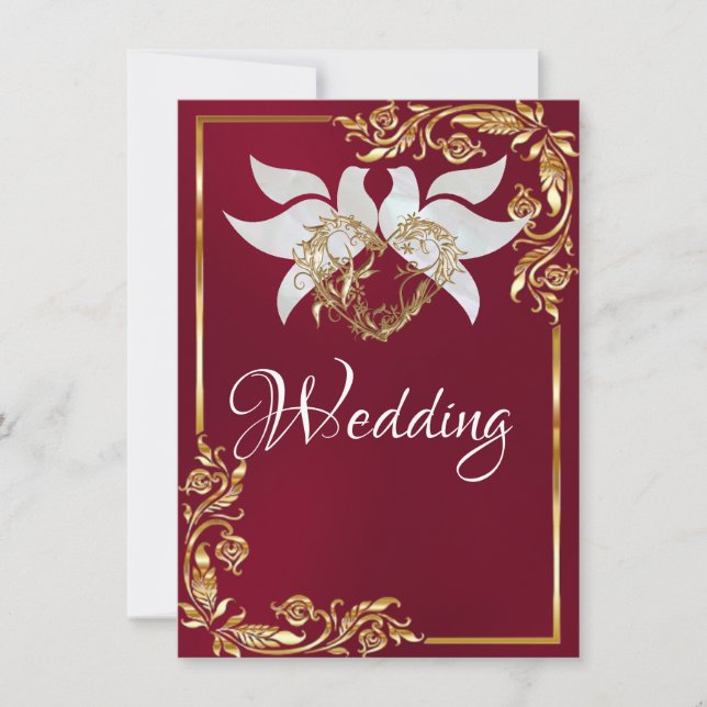 Invitación Doves, Heart & Gold Frame on Burgundy (Anverso)