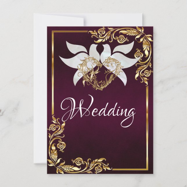 Invitación Doves, Heart & Gold Frame on Dark Purple (Anverso)