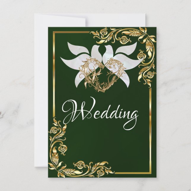 Invitación Doves, Heart & Gold Frame on Emerald Green (Anverso)