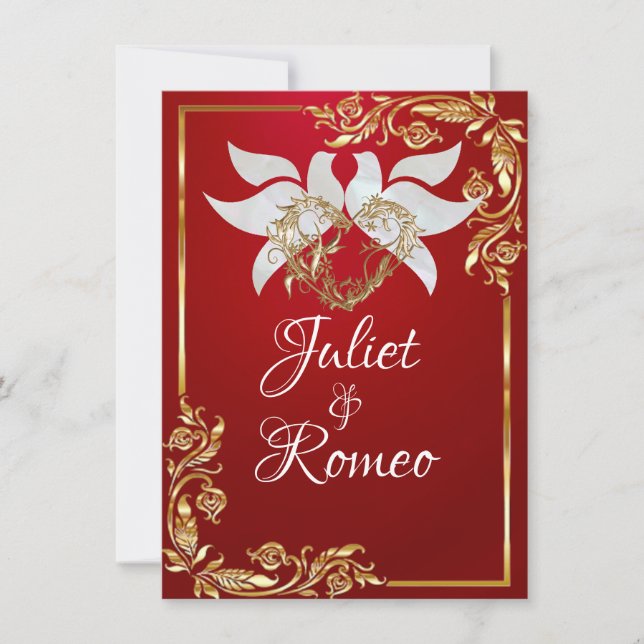 Invitación Doves, Heart, & Gold Leaves on Crimson Red (Anverso)