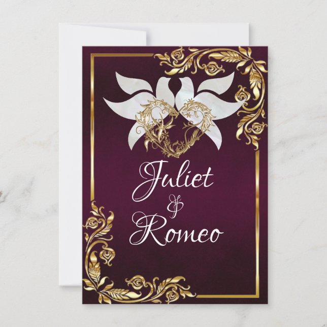 Invitación Doves, Heart, & Gold Leaves on Royal Purple (Anverso)