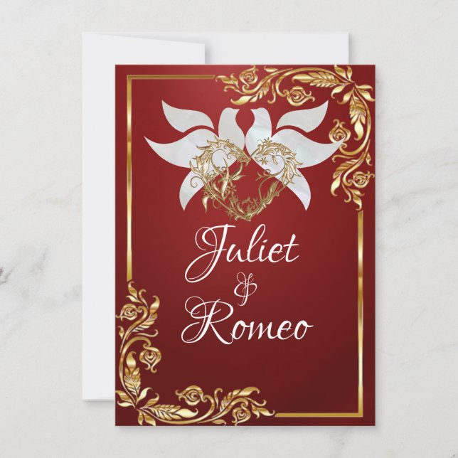 Invitación Doves, Heart, & Gold Leaves on Ruby Red (Anverso)