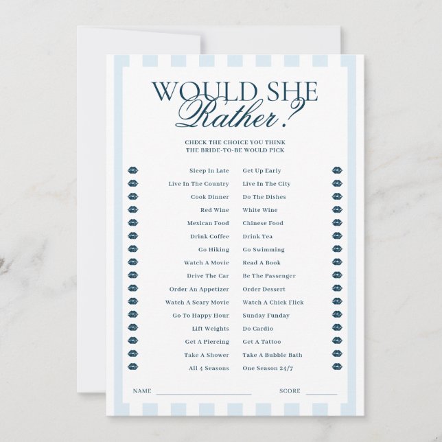 Invitación Downloadable Blue Striped Would She Rather Card (Anverso)