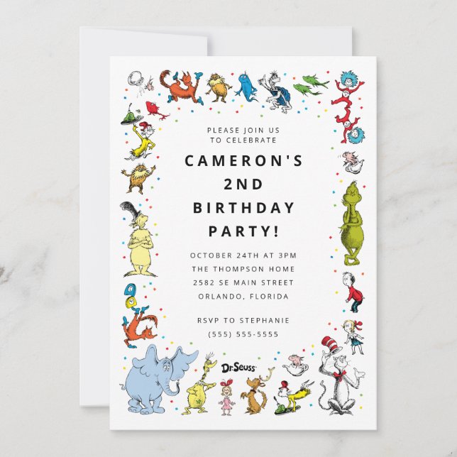 Invitación Dr. Seuss Character Confetti | Cumpleaños de los n (Anverso)