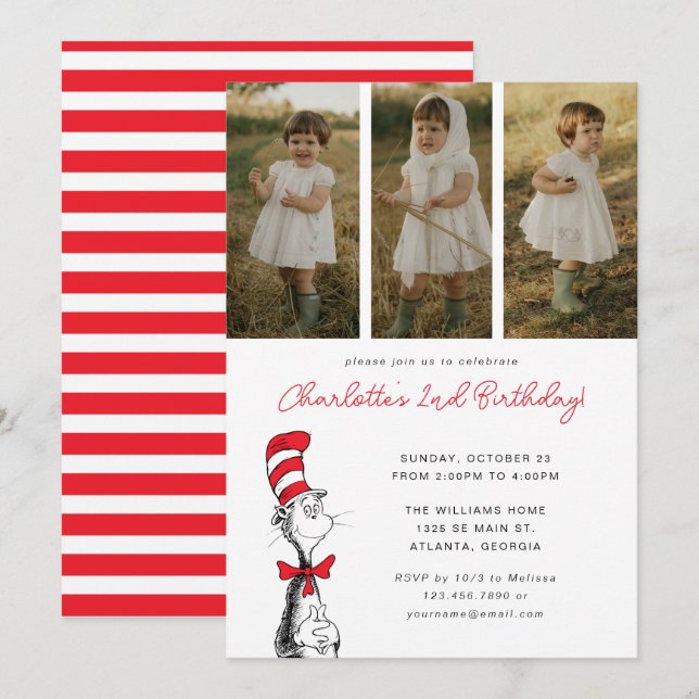 Invitación Dr. Seuss | Gato en cumpleaños Gorra - Foto (Anverso / Reverso)