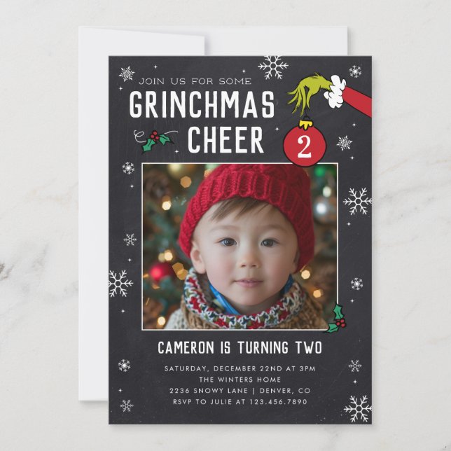 Invitación Dr. Seuss | Grinch Pizarra Cumpleaños Foto (Anverso)