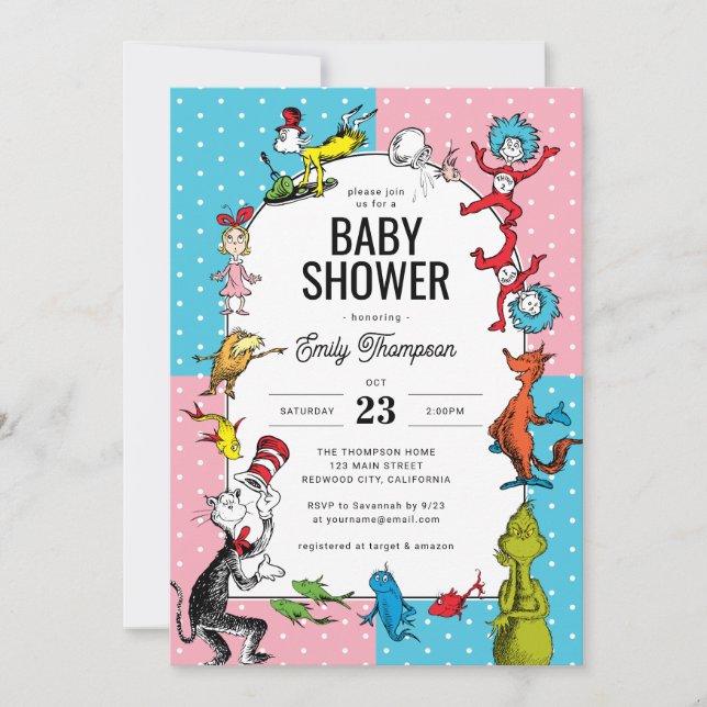 Invitación Dr. Seuss - Personajes de Libros | Baby Shower Pas (Anverso)