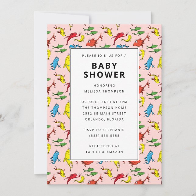 Invitación Dr. Seuss - Un pez, dos peces | Baby Shower rosa (Anverso)
